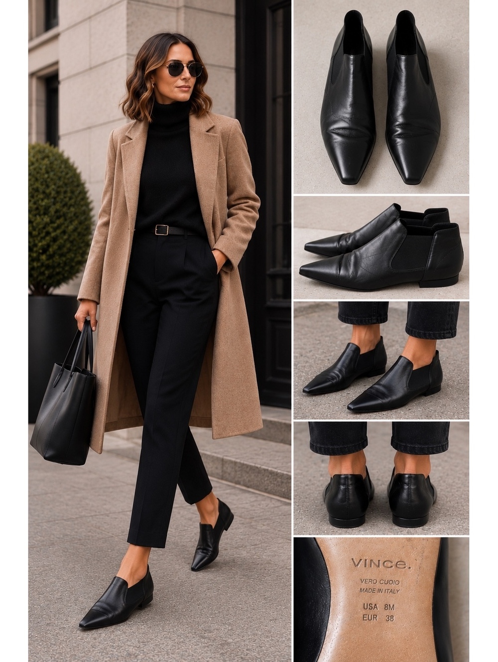 Vince Camrose Black Leather Pointed Toe Ankle Shoes Booties Size 8